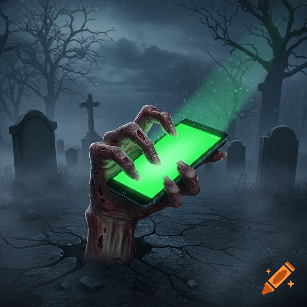 A creepy zombie hand emerges from cracked ground in a foggy graveyard at night, holding a smartphone with a glowing green screen, illustrative style.