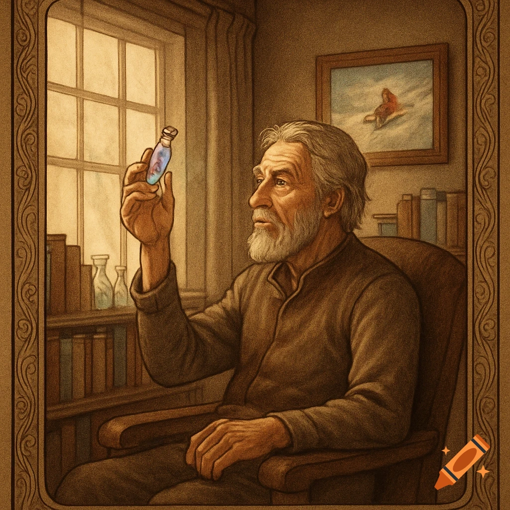 An old man with a white beard sits in a chair by a window, looking intently at a small bottle he holds, in an illustrated style.