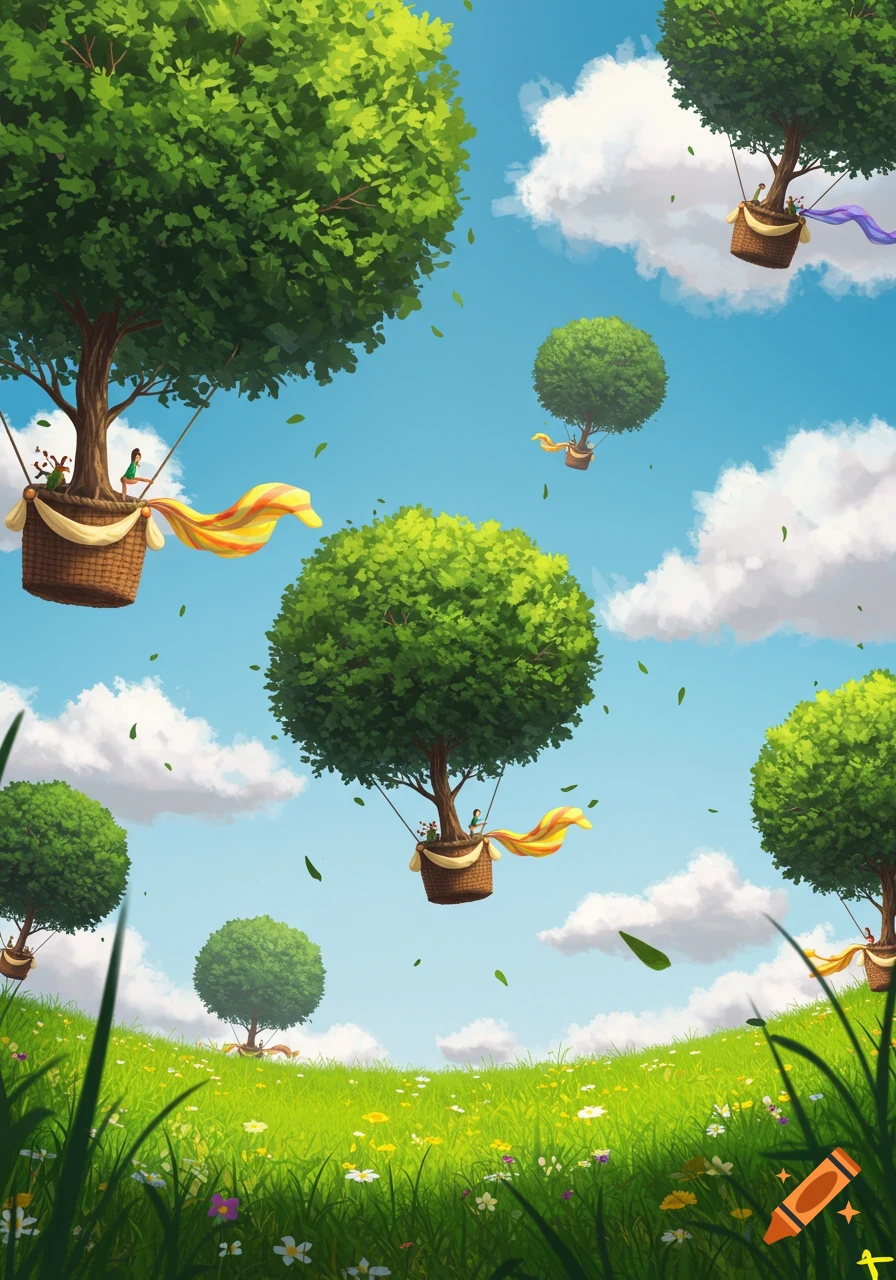 Whimsical illustration of trees with basket gondolas floating like hot air balloons above a vibrant green field under a blue sky.
