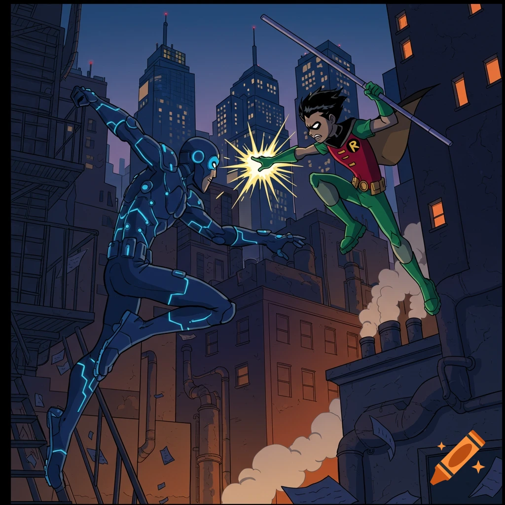 A cartoon-style image shows Robin fighting an original character with glowing blue lines on his suit in a dark city setting.