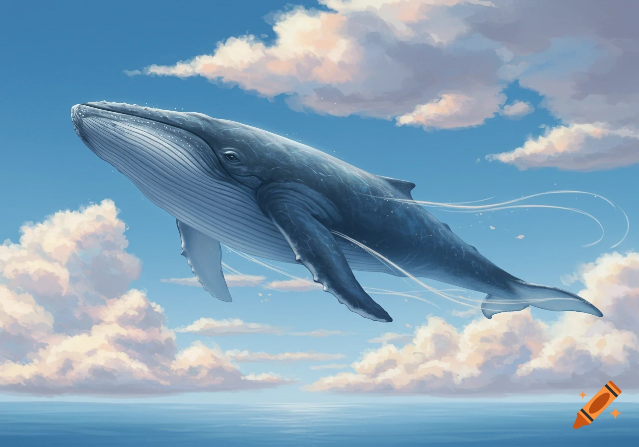 A large blue whale with a striped belly flies gracefully through a clear blue sky filled with fluffy white clouds, above a calm ocean.