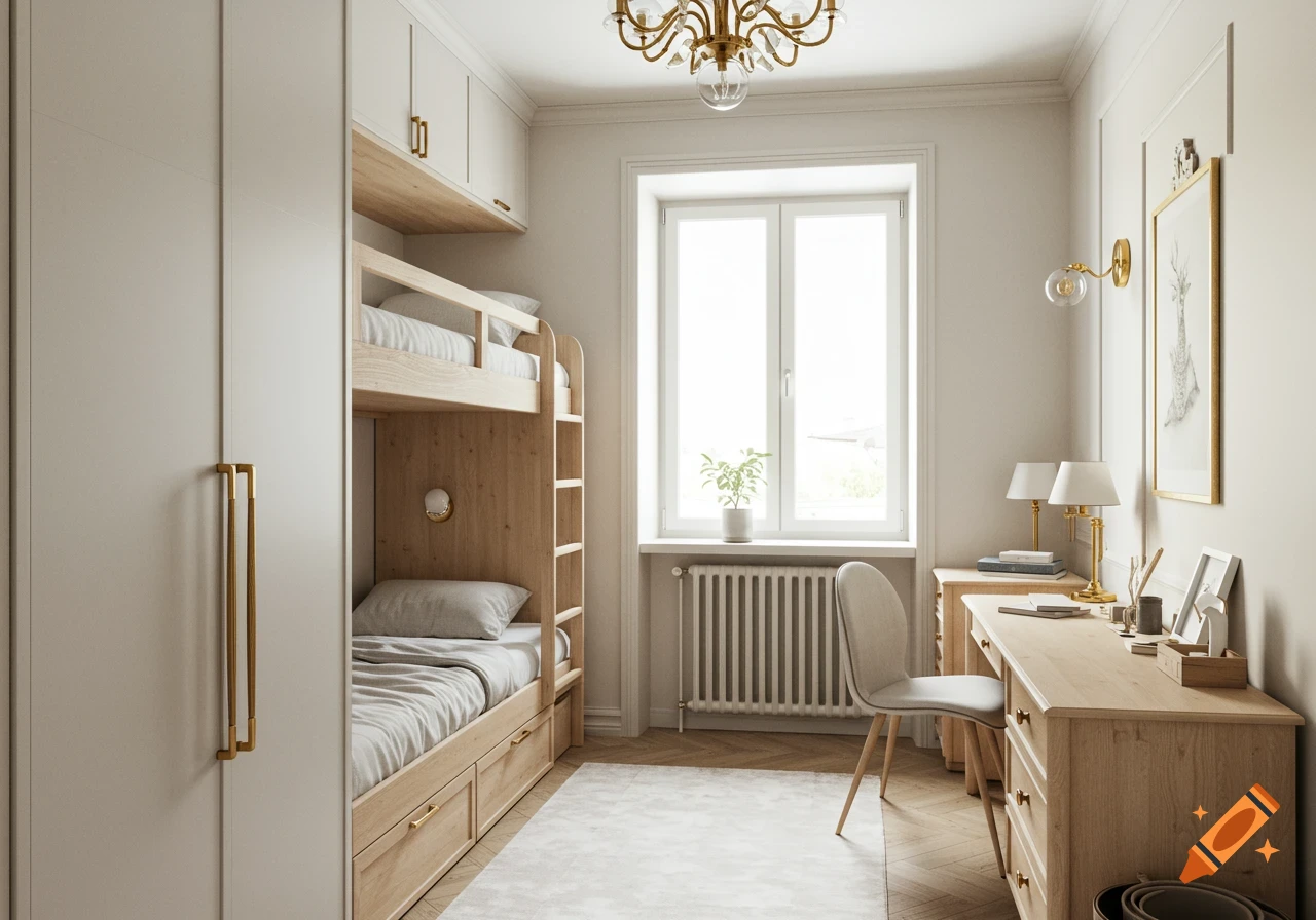 A bright, modern children's room with a light wood bunk bed and desk, a window, a white wardrobe, and a chandelier.