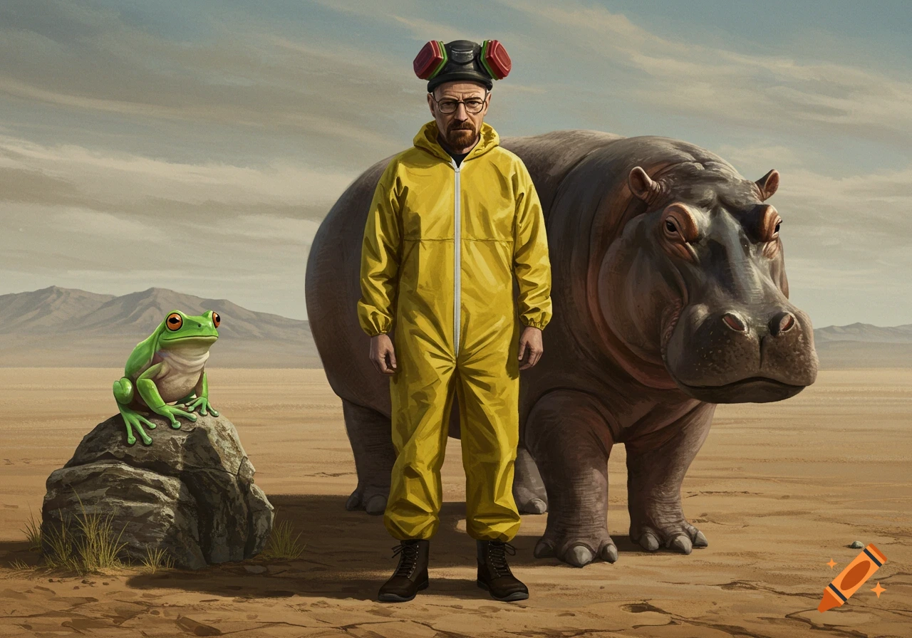 Walter White in a yellow hazmat suit with a gas mask on his head stands next to a hippopotamus and a frog on a rock in a desert.