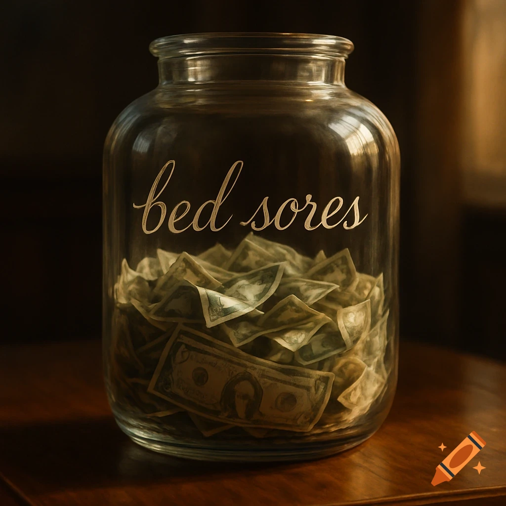 A glass jar labeled 'bed sores' filled with crumpled dollar bills rests on a wooden table.