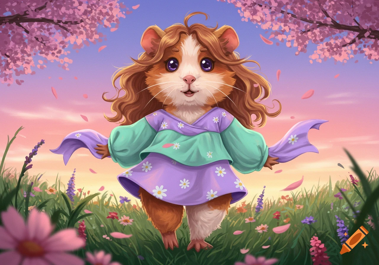 Anime guinea pig girl with brown hair in a purple and mint dress, standing in a flowery field with cherry blossoms.