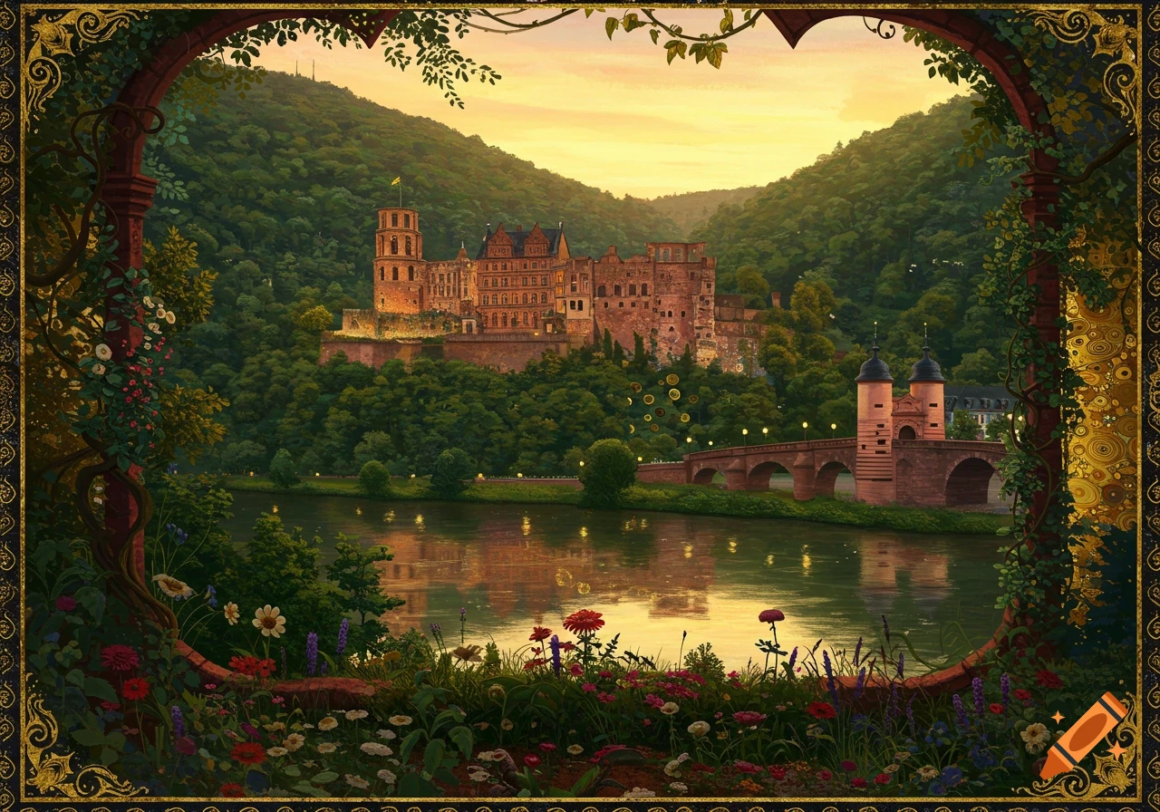 Heidelberg Castle and bridge reflected in a river at sunset, framed by flowers and ornate Klimt-style golden borders.