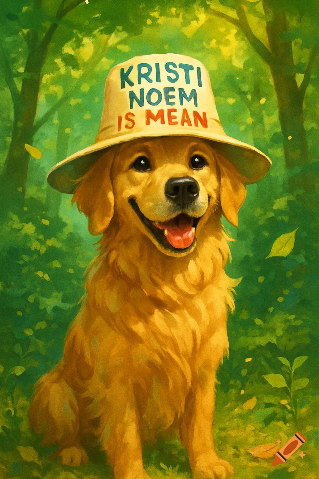 A happy golden retriever wearing a hat that says "Kristi Noem is mean" sits in a lush green forest, stylized painting.