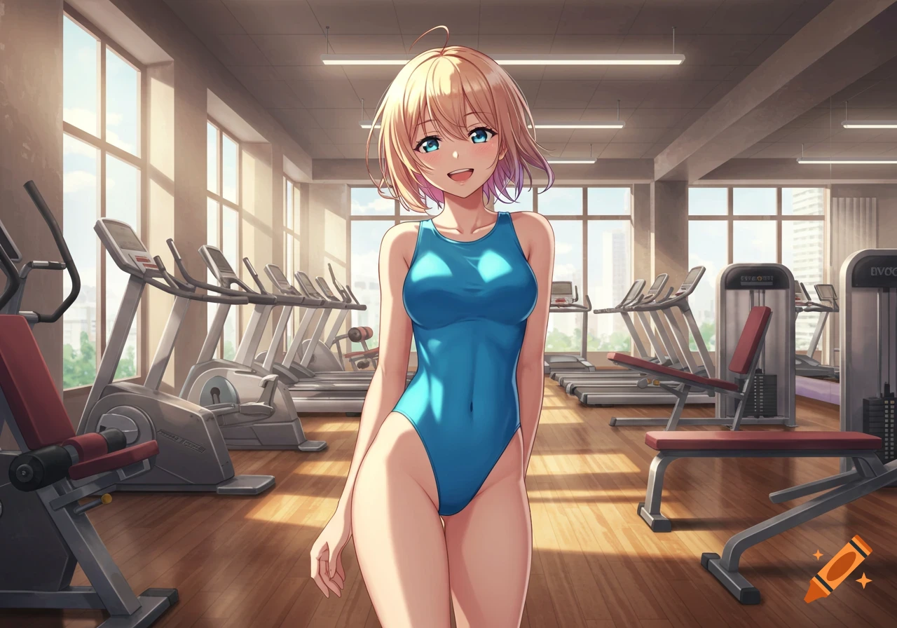 Anime girl in a blue leotard standing in a gym with treadmills and weight machines, smiling.