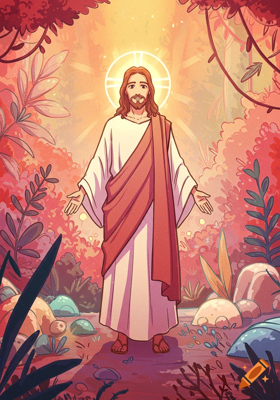 Stylized illustration of Jesus with a halo, standing with arms outstretched amidst vibrant reddish-orange foliage.