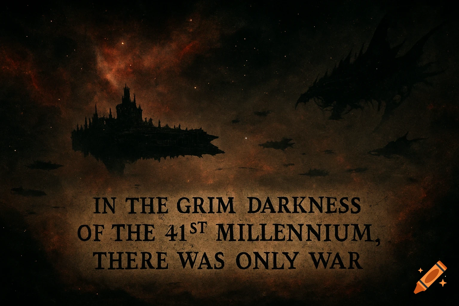 Dark cosmic scene with shadowy spaceships and a floating city, overlaid with the text: "In the grim darkness of the 41st millennium, there was only war."