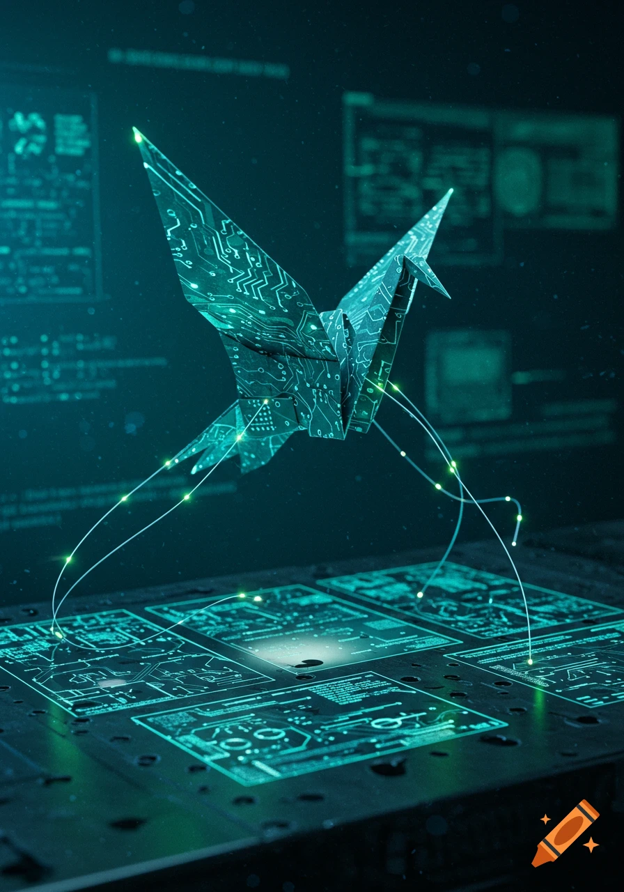 A futuristic origami bird made of glowing green circuit board material, floating above a digital interface, connected by glowing lines.