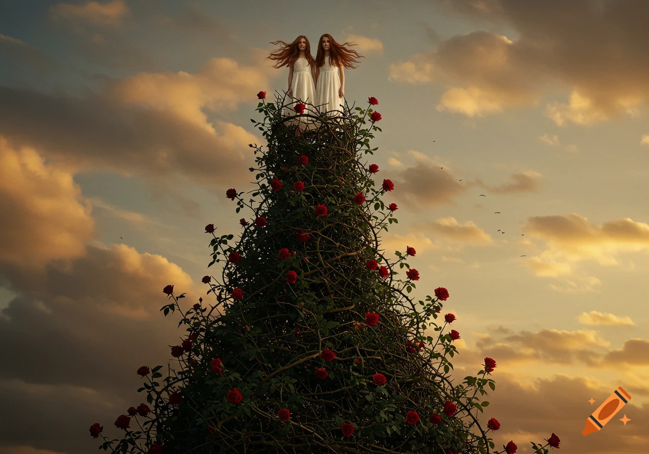 Two identical girls with long red hair in white dresses stand atop a towering, thorny rose bush with red blooms against a dramatic cloudy sky.
