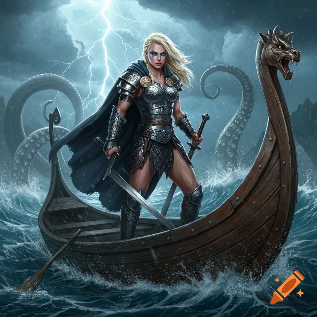 Viking woman in armor on a longboat, holding swords in a stormy sea with lightning and kraken tentacles.