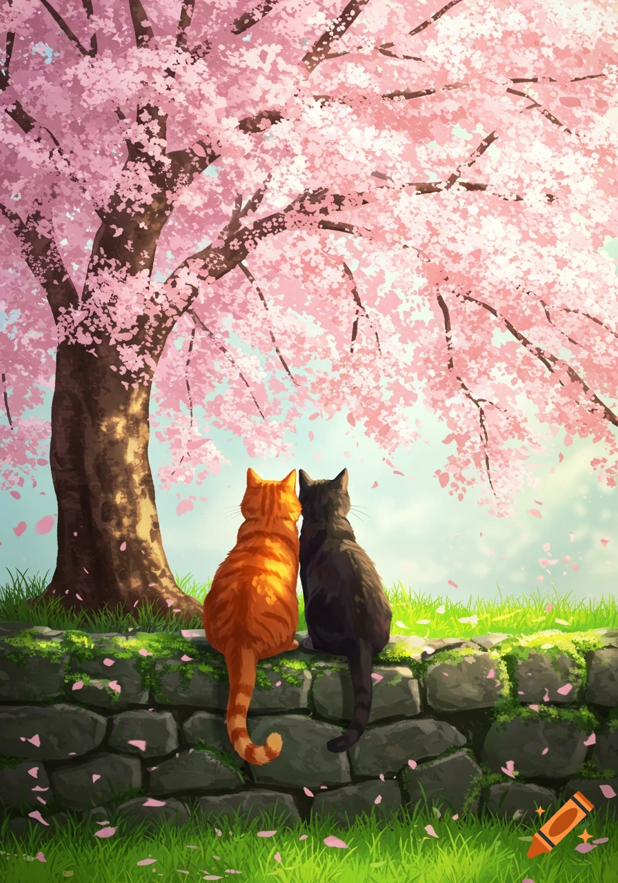 Two cats, one orange and one black, sit on a stone wall under a blooming pink cherry blossom tree in an anime style.
