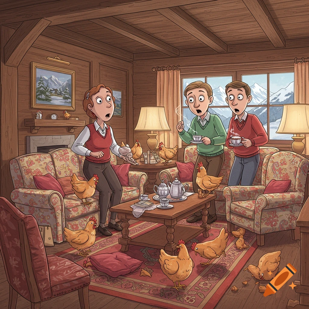 A cartoon illustration shows three shocked people in a cozy, wood-paneled living room overrun by chickens, some on furniture and the floor.