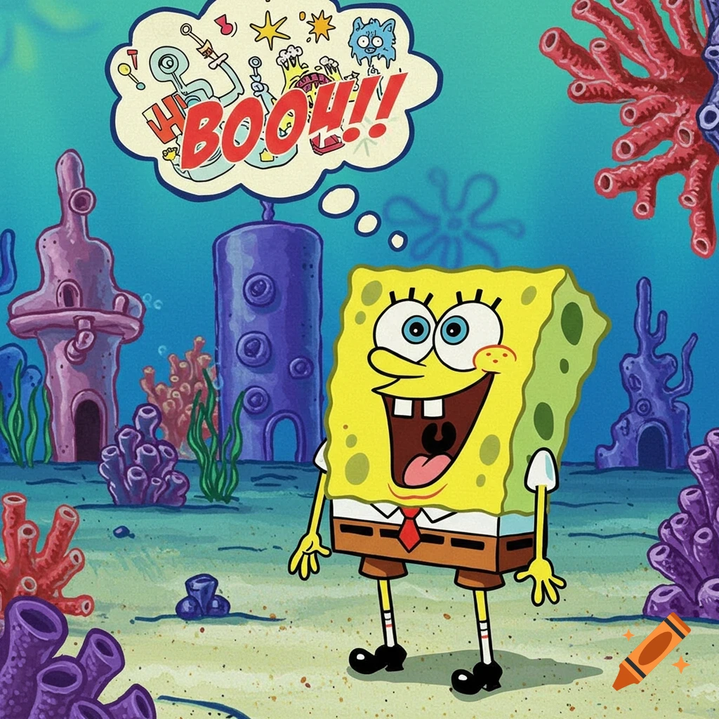 Cartoon SpongeBob SquarePants smiles happily underwater, with a thought bubble above his head containing the text "W BOOH!!" and various small objects.