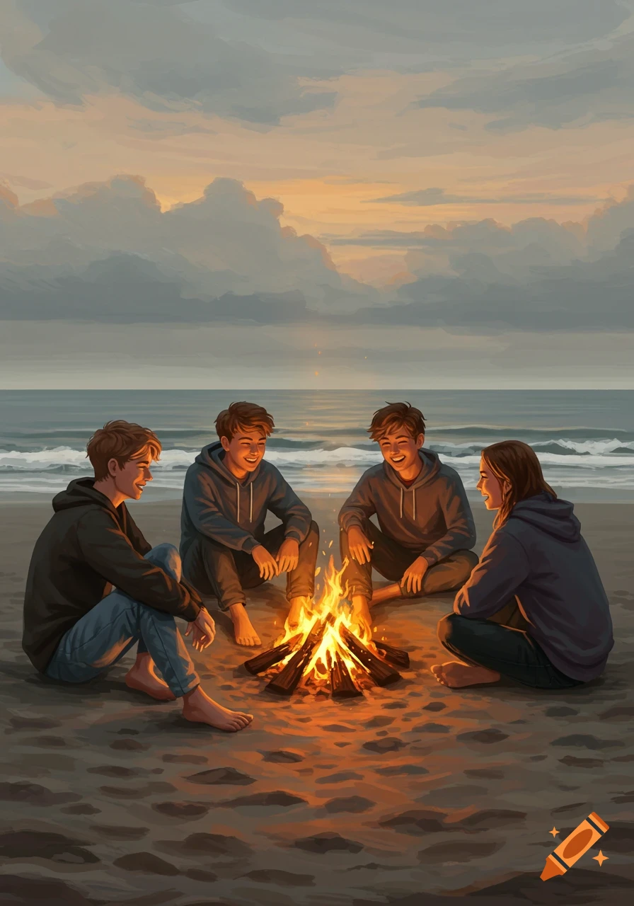 Four teenagers sit around a bonfire on a beach at sunset, with waves in the background, in an illustration style.