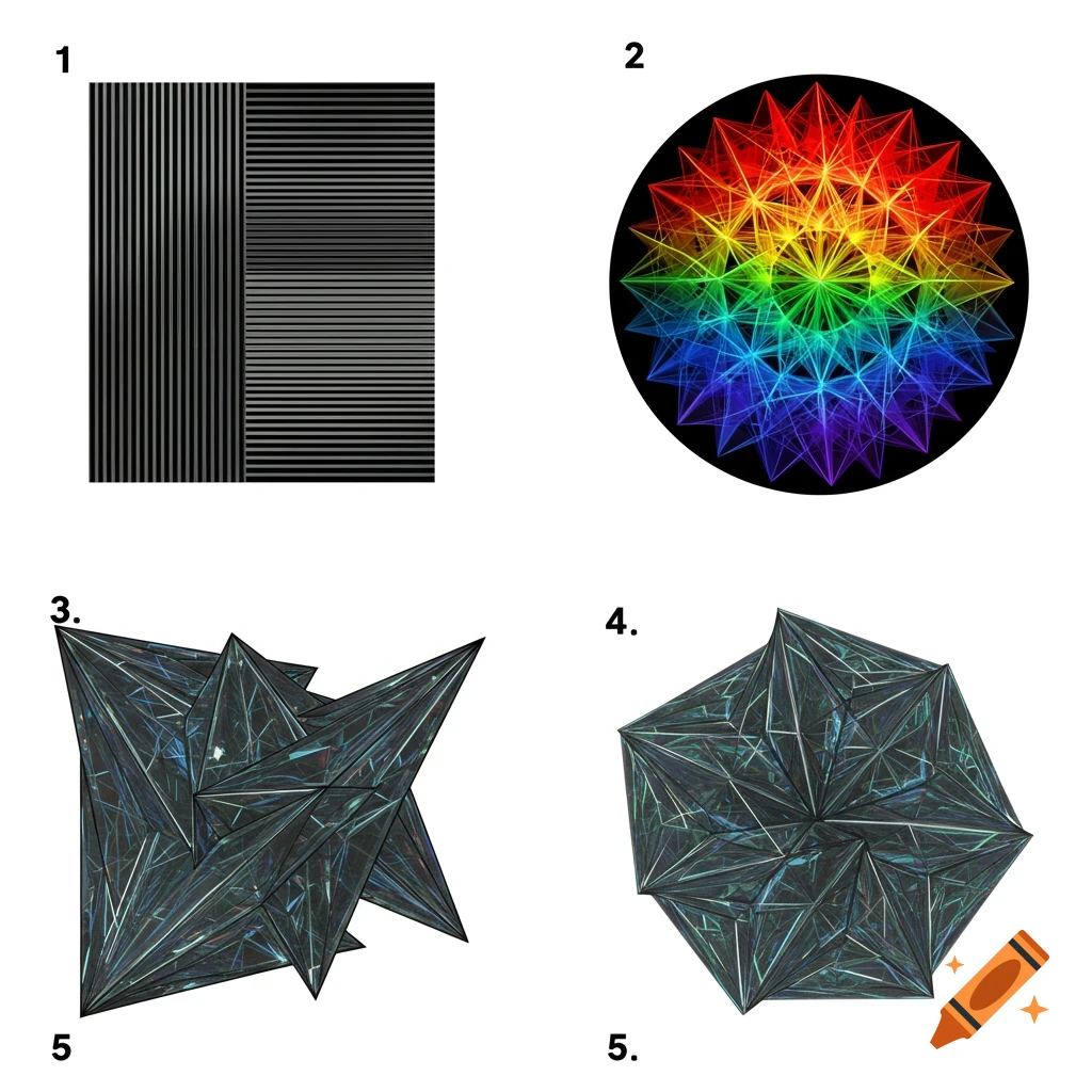 Four abstract geometric designs on a white background. Top left: a square split into two halves with vertical lines on the left and horizontal lines on the right. Top right: a rainbow-colored starburst shape inside a black circle. Bottom left: a jagged, dark metallic 3D shape composed of many triangles. Bottom right: a more symmetrical, crystalline 3D shape made of triangles, viewed from above.