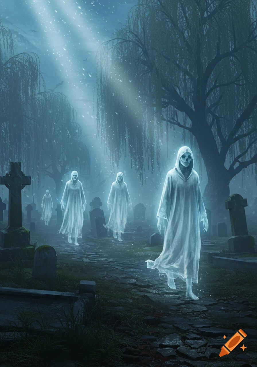 Ethereal hooded ghosts with skull-like faces float through a misty, moonlit graveyard with tombstones and weeping willow trees.