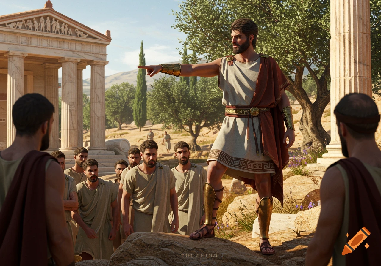 A bearded ancient Greek man in a tunic stands on a rock, pointing at the ground while addressing a group of men in front of an ancient temple.