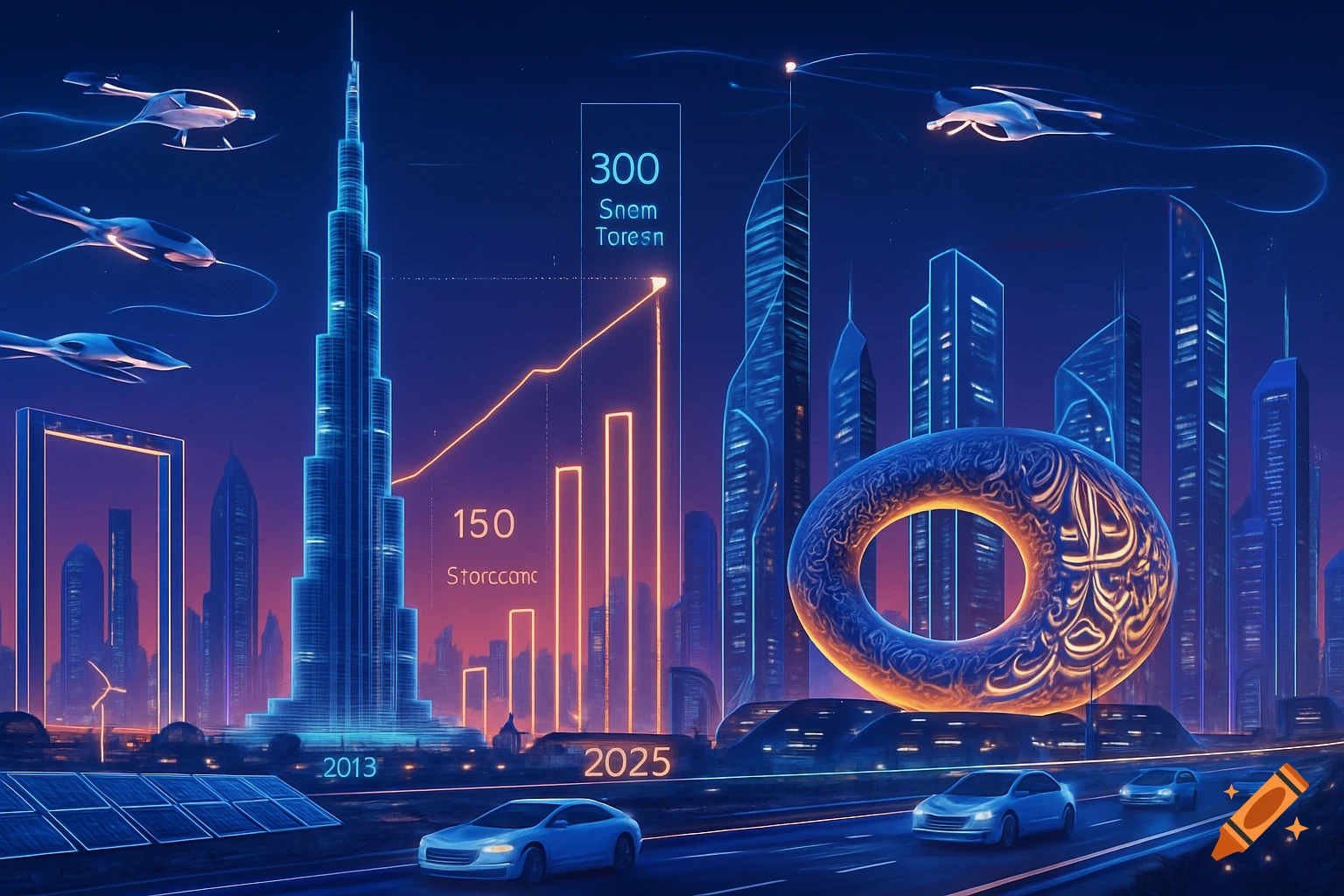 A vibrant blue and orange futuristic city skyline with skyscrapers, flying vehicles, autonomous cars, solar panels, and a data visualization overlay.
