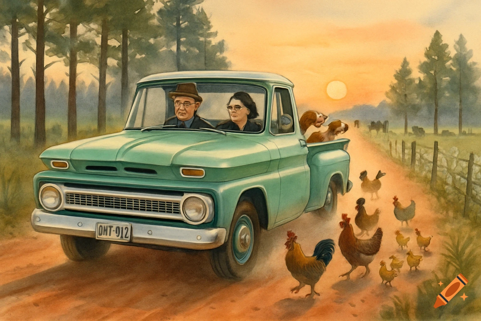 A watercolor painting of a mint green vintage pickup truck driving down a red dirt road at sunset with an old couple, dogs, and chickens.