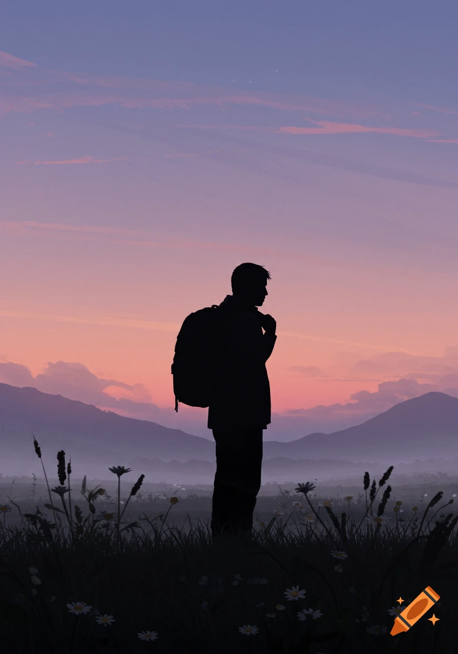 Silhouette of a person with a backpack standing in a field of grass and flowers at sunset, with mountains in the background.