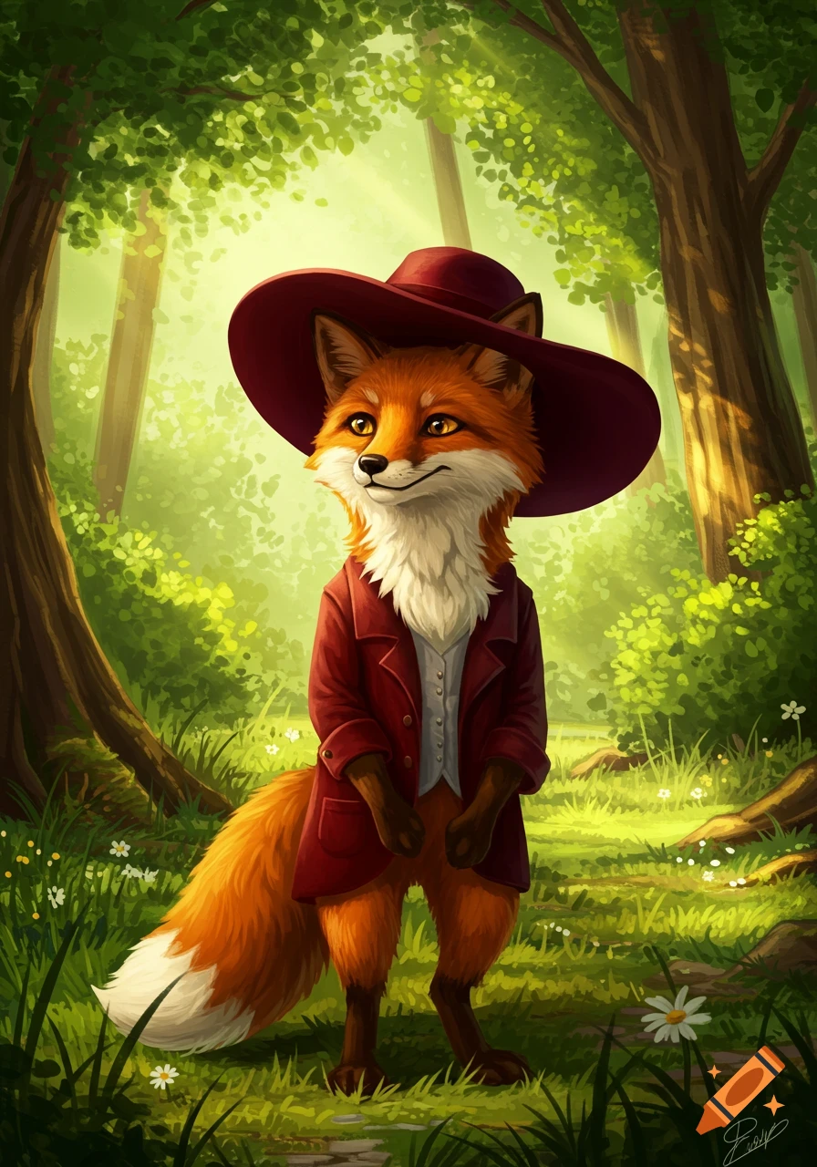 A charming anthropomorphic fox wearing a red coat and a wide-brimmed red hat stands in a sunlit green forest.