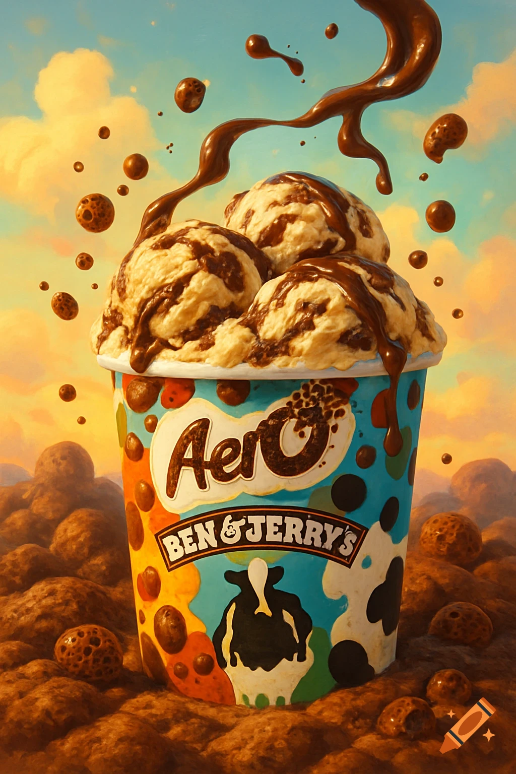Three scoops of vanilla and chocolate swirl ice cream in a Ben & Jerry's Aero tub, with chocolate sauce and cookie crumbles, against a cloudy sky.