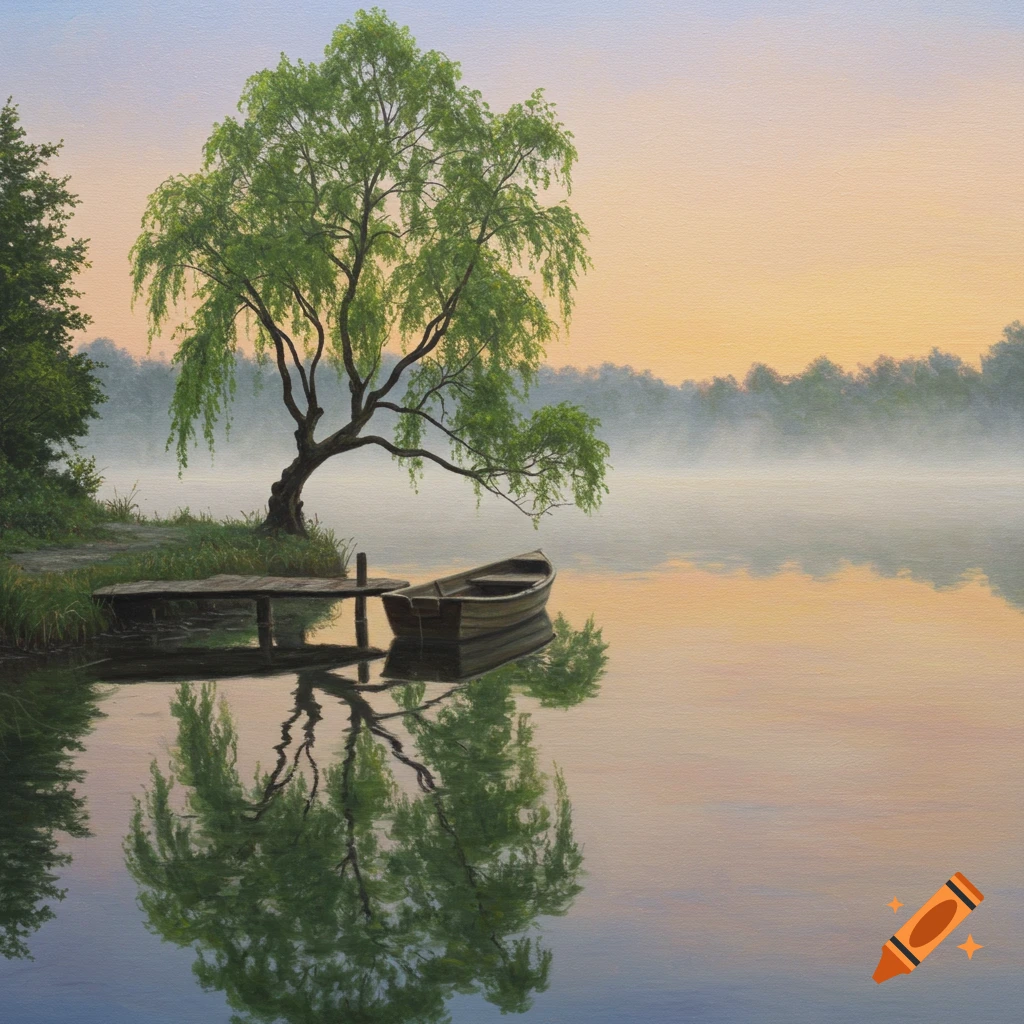 A serene, painterly landscape depicts a vibrant green tree beside a small wooden dock, with a boat resting on a misty lake at dawn.