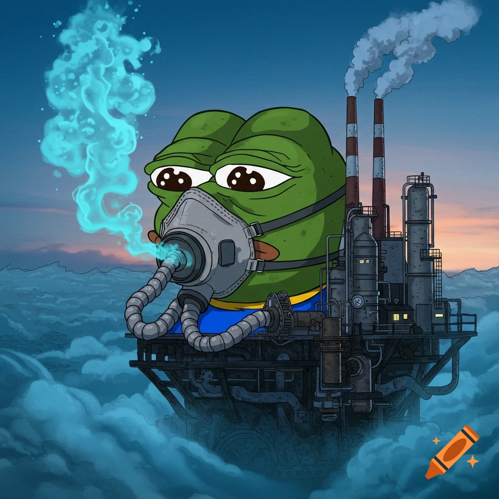 Cartoon Pepe the Frog in a respirator mask connected to an industrial refinery floating in clouds against a sunset sky.