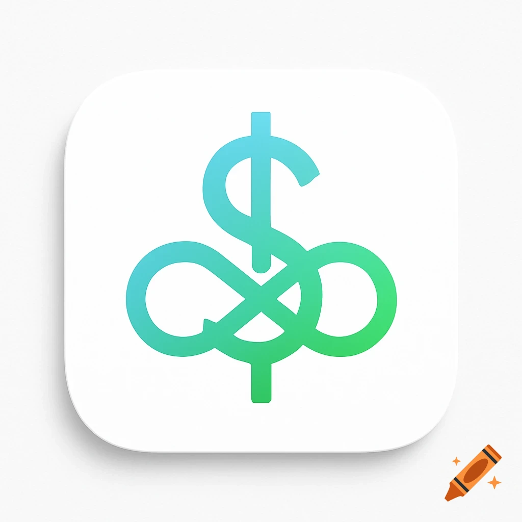 A white rounded app icon featuring a blue to green gradient dollar sign intertwined with an infinity symbol.