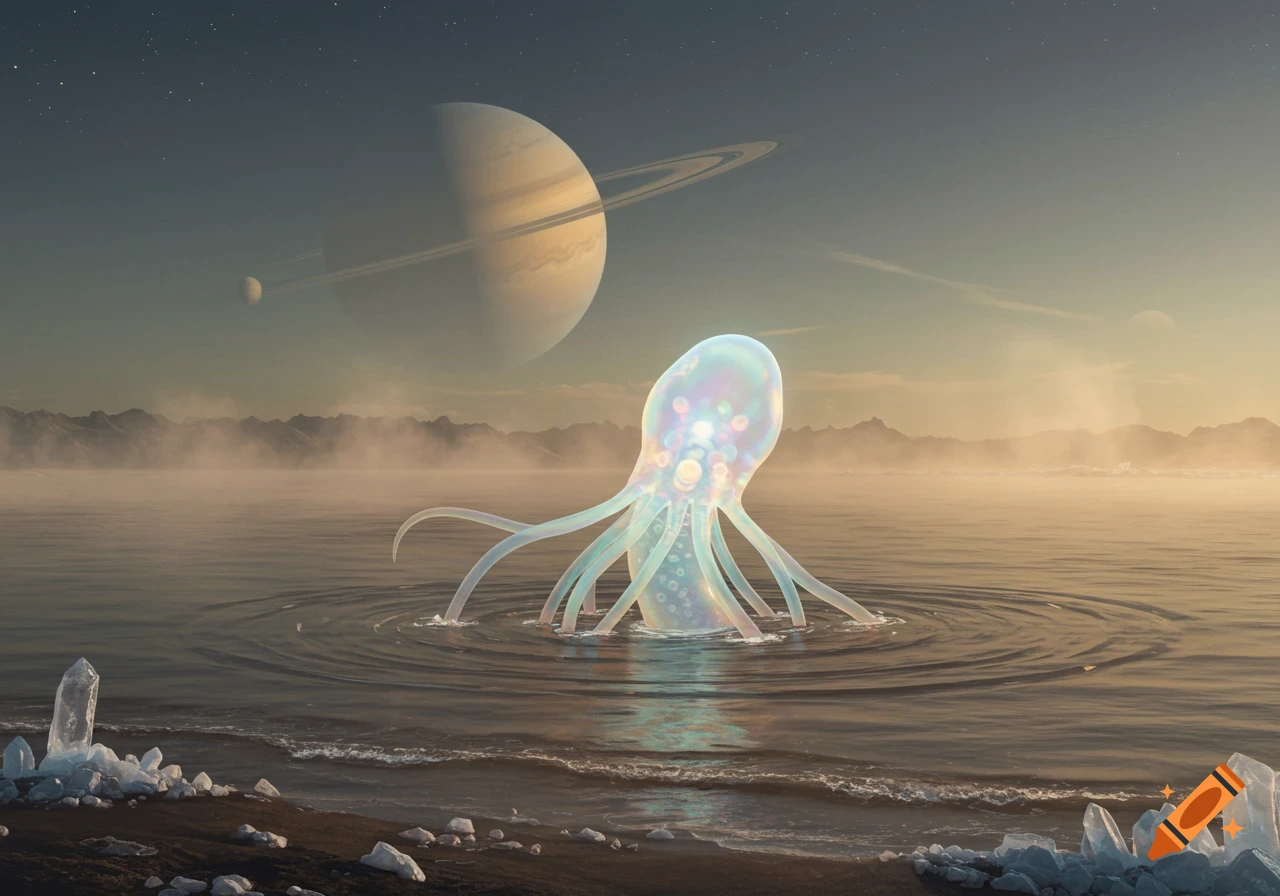 A glowing, translucent, tentacled alien creature stands in misty shallow water on an alien world under a ringed planet.