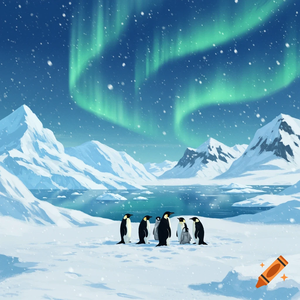 Illustrative scene of penguins standing in a snowy Antarctic landscape under a green aurora borealis.
