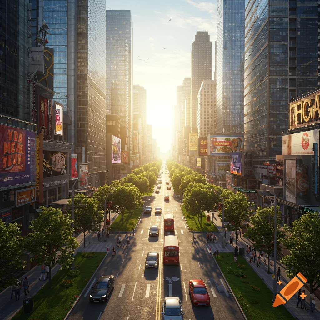 A photorealistic cityscape with tall skyscrapers lining a tree-lined avenue, cars, and people, bathed in bright sunlight.