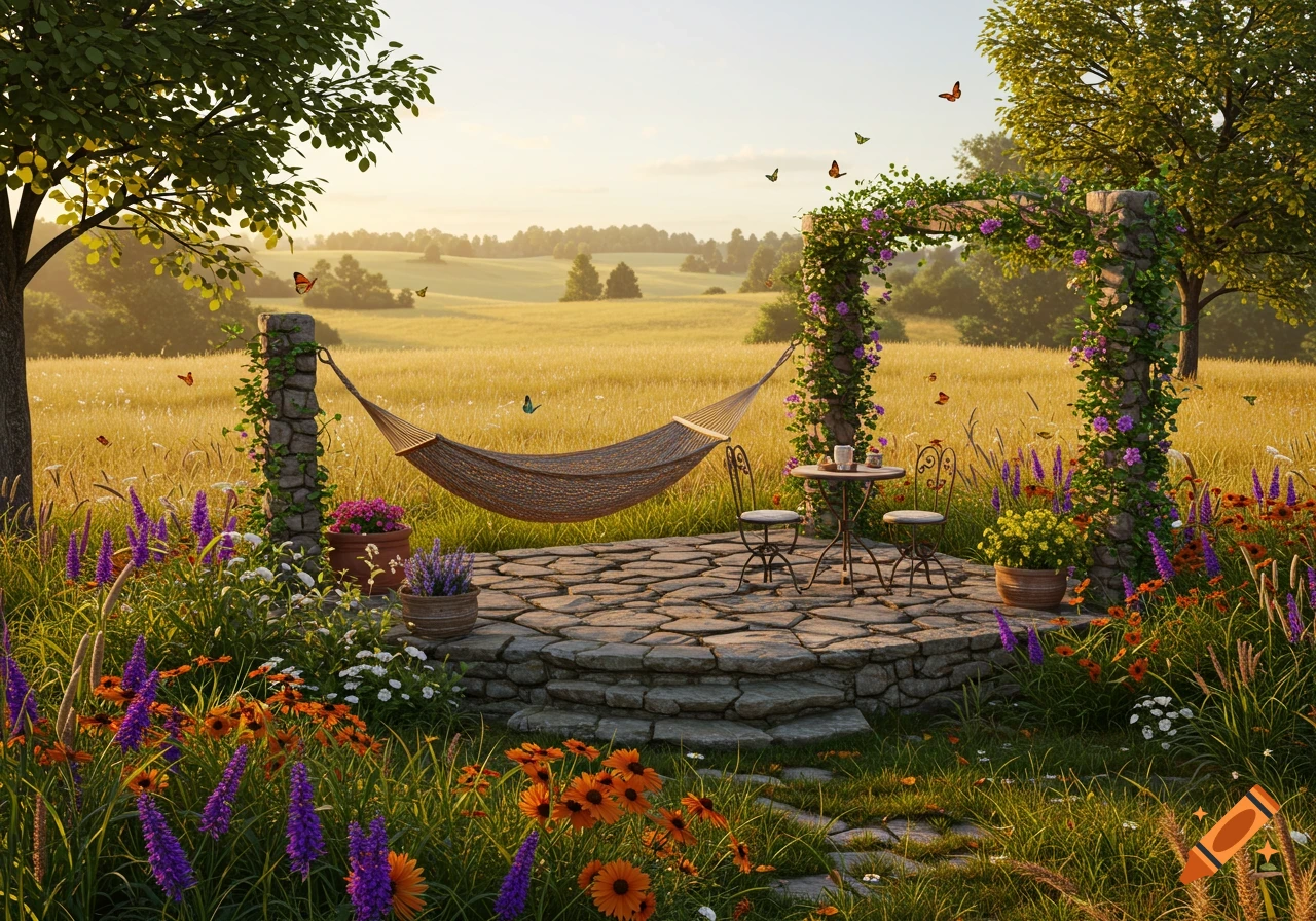 Photorealistic garden terrace with a hammock, small table, and chairs, surrounded by colorful wildflowers and a golden field at sunset.