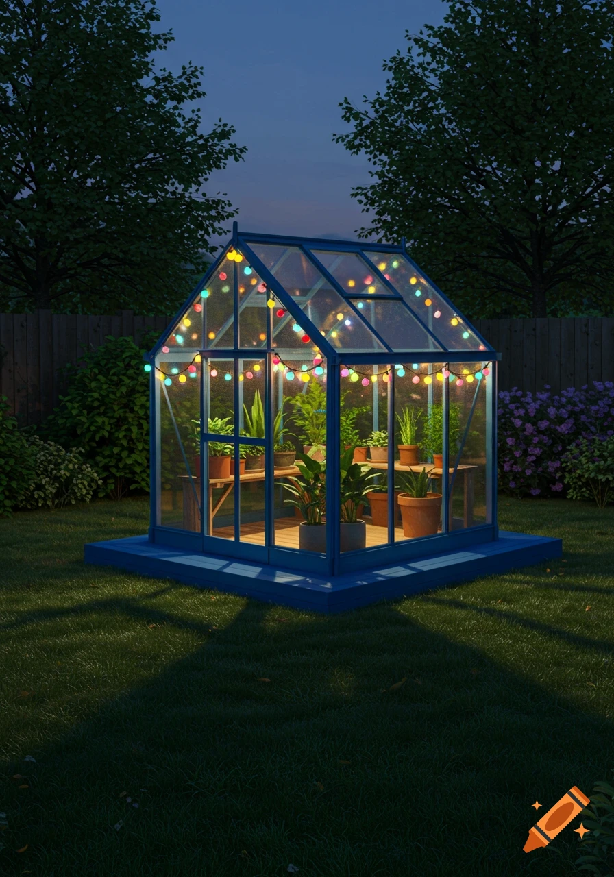 A small blue greenhouse with colorful string lights illuminating potted plants inside, set in a backyard at dusk.