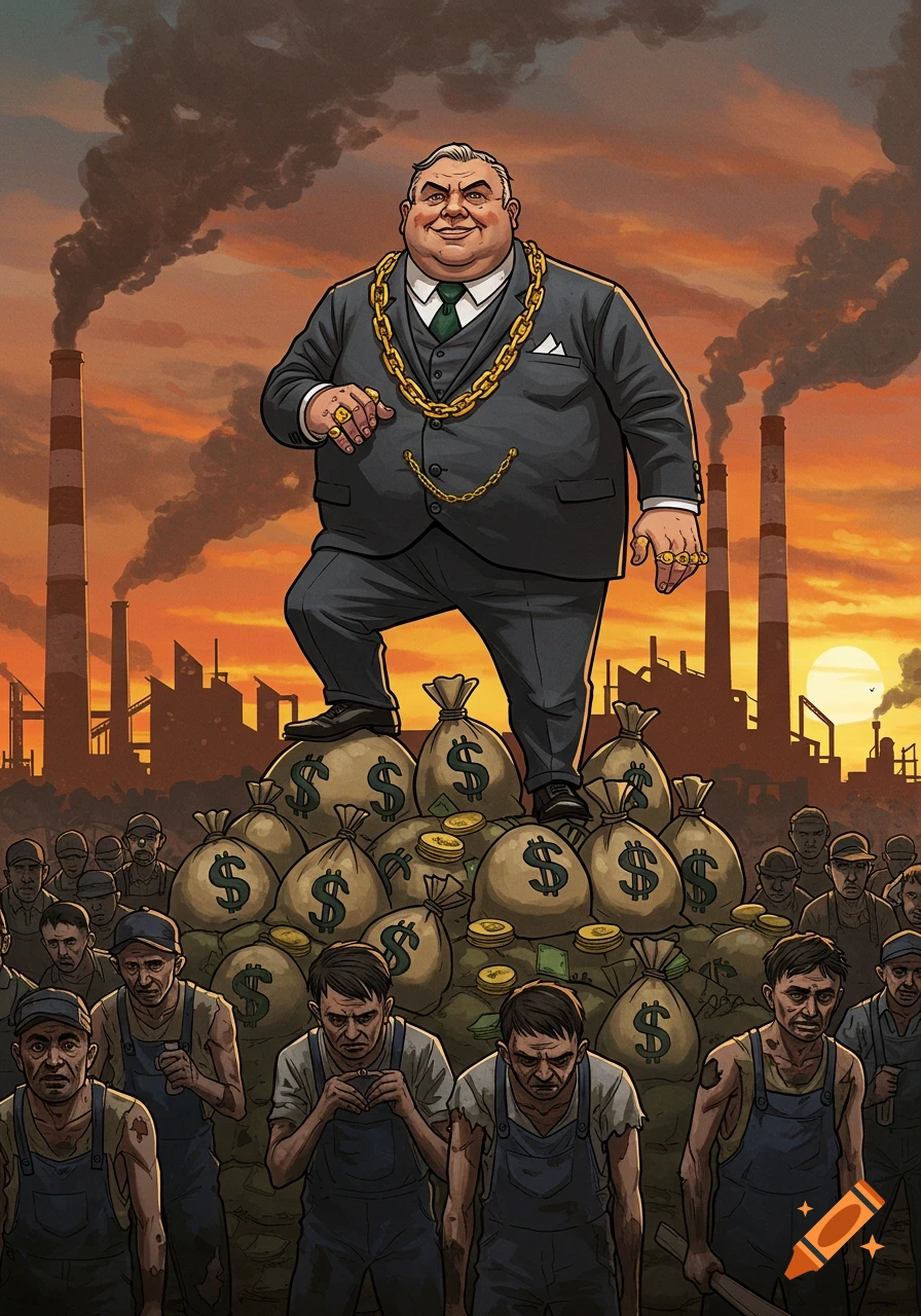 A cartoon depicts a wealthy man in a suit and gold chains standing on money bags, looking down at poor workers with factories spewing smoke behind him at sunset.