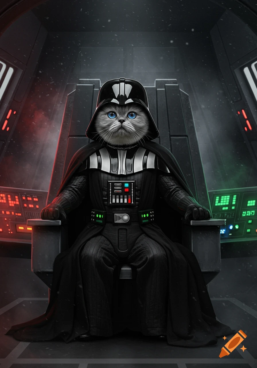 A photorealistic image of a fluffy Persian cat dressed as Darth Vader, sitting on a dark throne in a sci-fi control room.