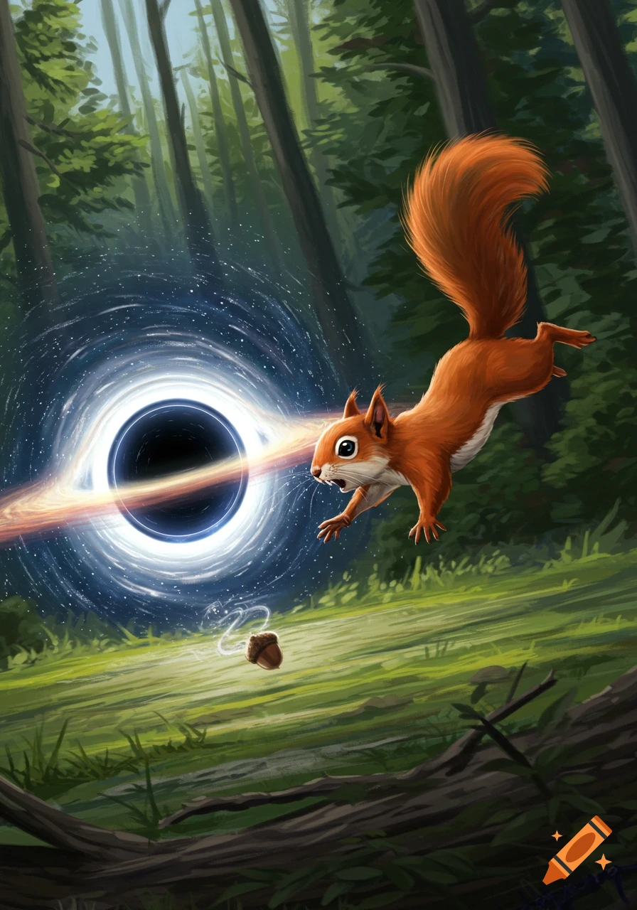 A wide-eyed, orange squirrel leaps through a forest, chasing an acorn being pulled by a glowing black hole in a whimsical digital painting.