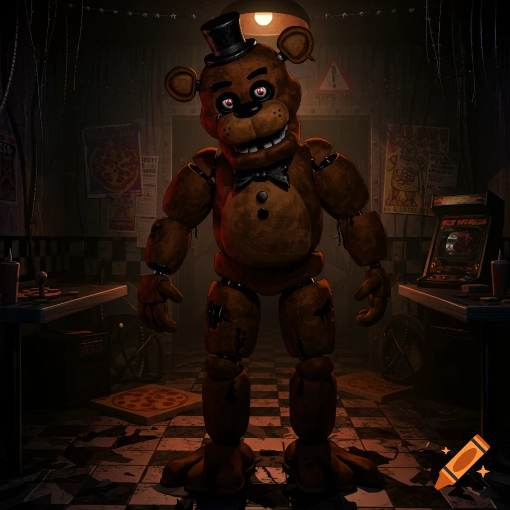 Freddy Fazbear, a creepy brown animatronic bear with a top hat and bowtie, stands in a dark, dilapidated pizzeria arcade.