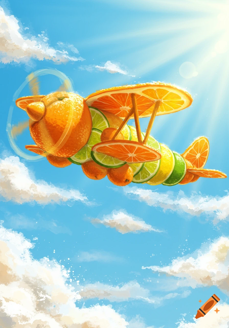 A whimsical biplane made of orange and lime slices, with whole oranges as its fuselage, flies through a bright blue sky with fluffy white clouds.