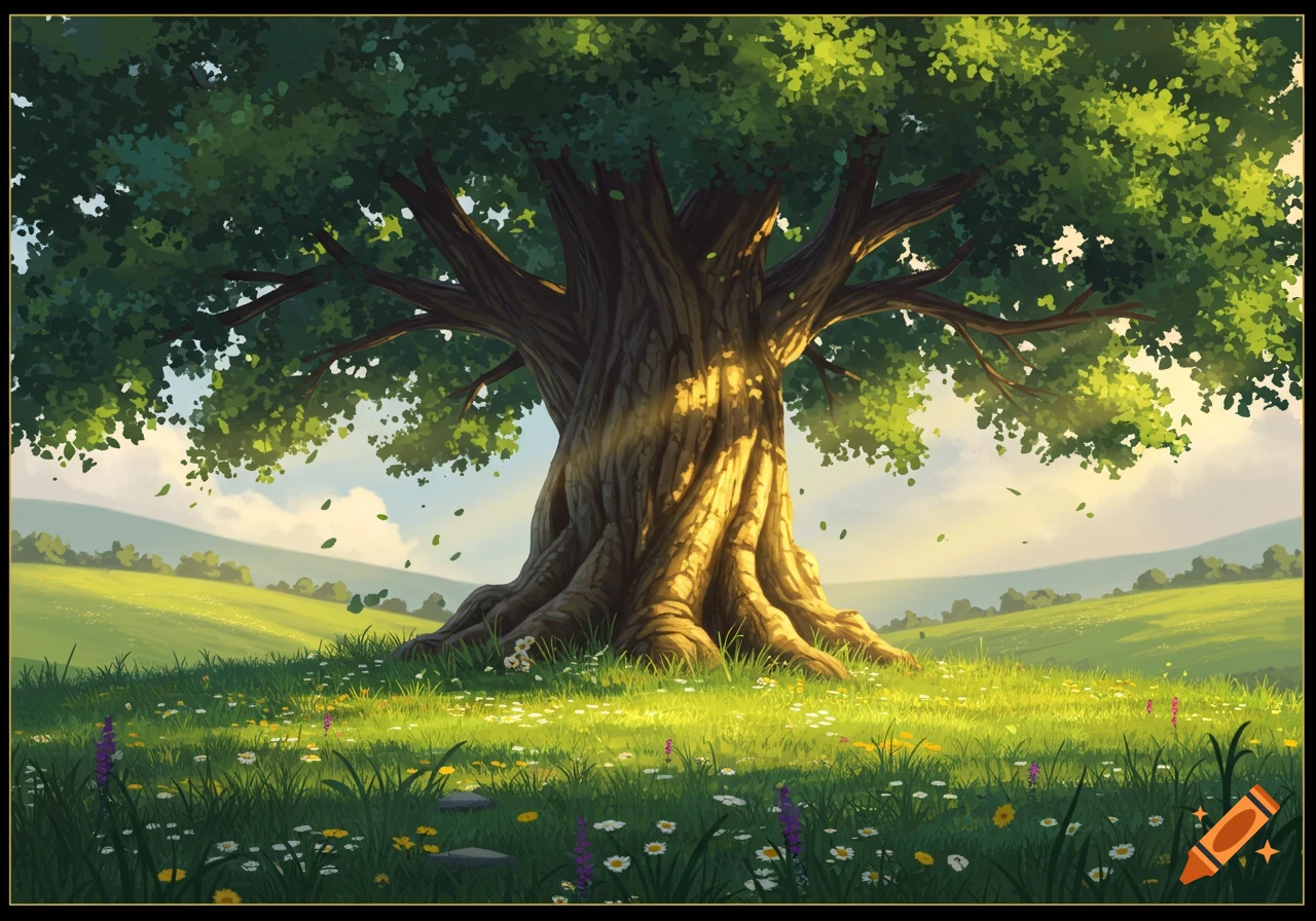 Vibrant illustration of a large, ancient tree with a thick trunk in a sunny, green field with wildflowers under a blue sky.