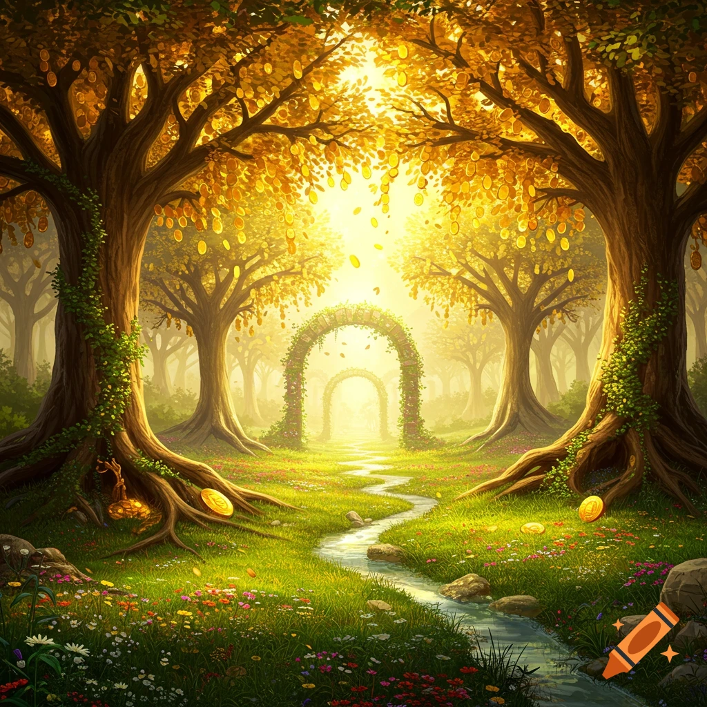 A vibrant fantasy garden with trees bearing golden coins, a winding stream, and illuminated archways.
