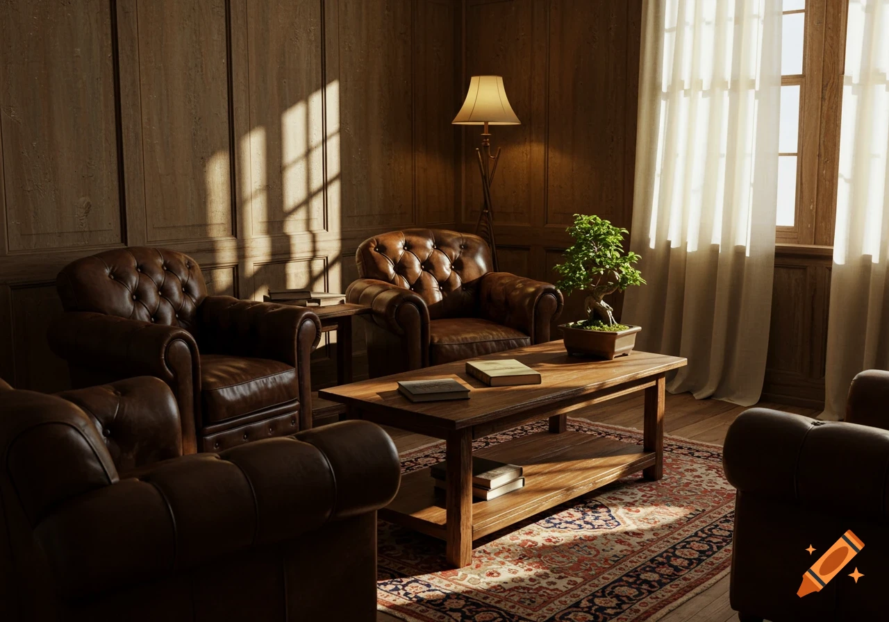 A photorealistic image of a rustic consultation room with leather armchairs, wooden walls, a coffee table with books and a bonsai, and sunbeams filtering through a window.