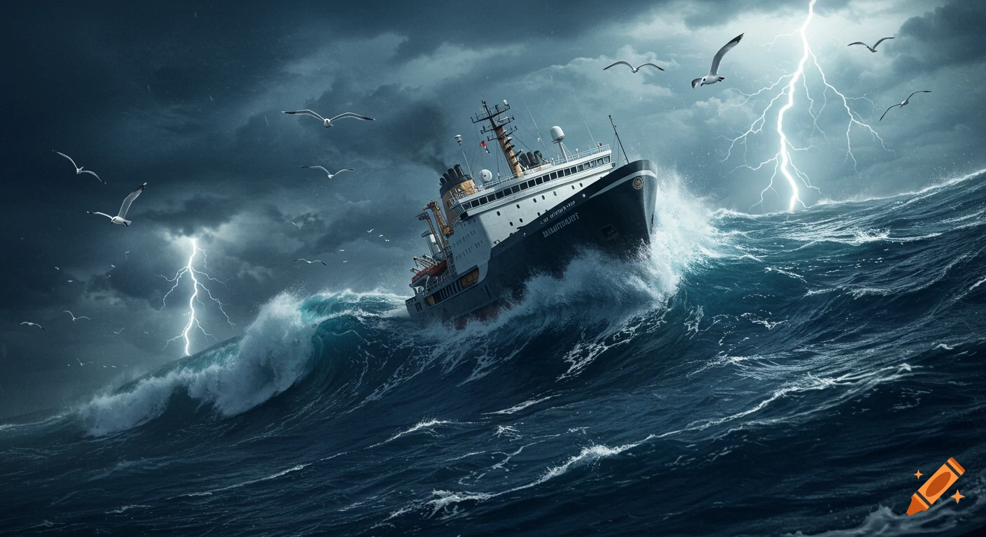 A large cargo ship battles huge waves and lightning in a fierce ocean storm with seagulls flying overhead.