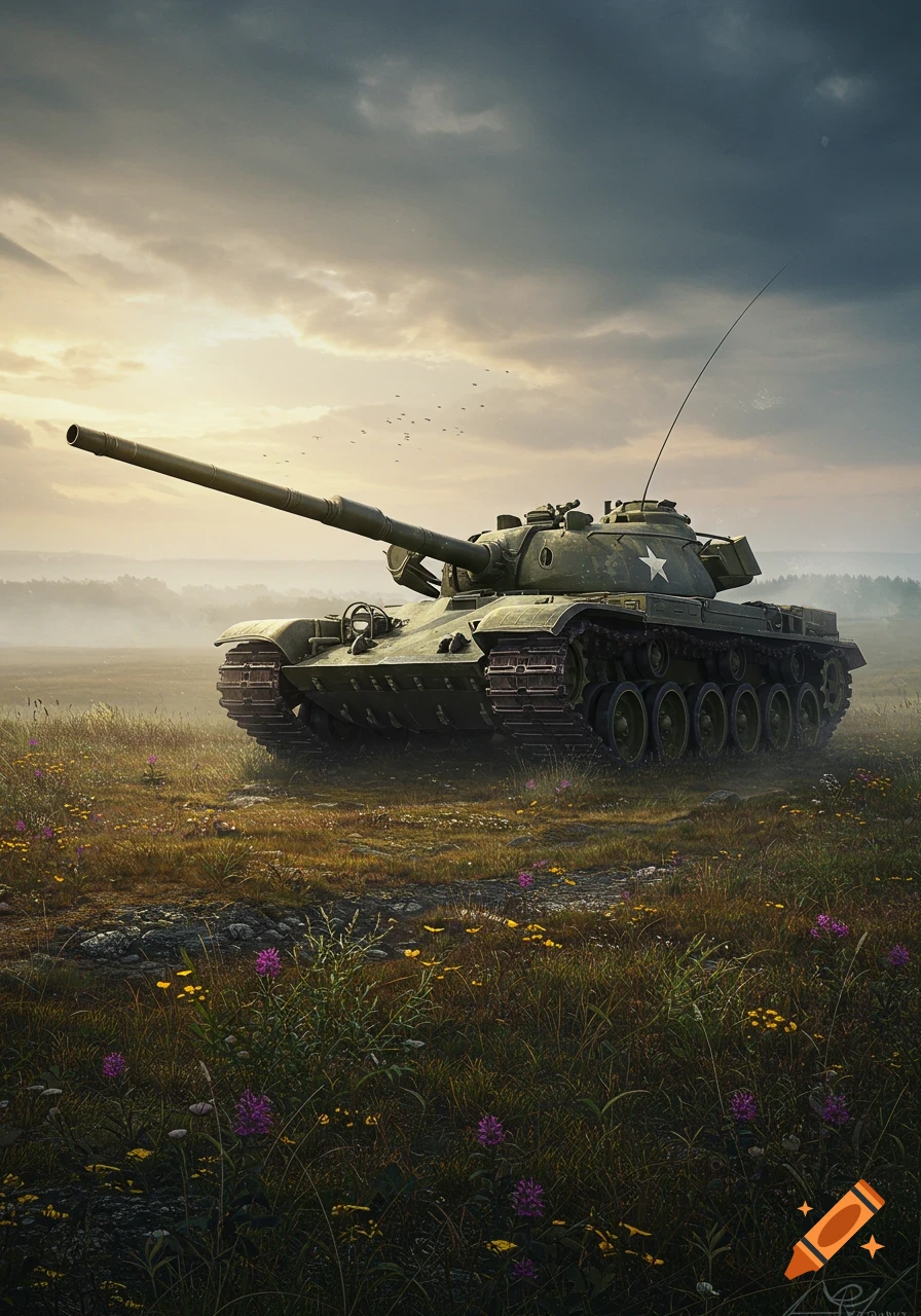 A photorealistic military tank with a long barrel stands in a grassy field dotted with wildflowers under a dramatic, cloudy sky.