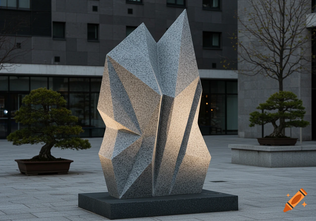 A modern, angular granite sculpture with a textured surface stands in a paved plaza with bonsai trees and a dark building in the background.