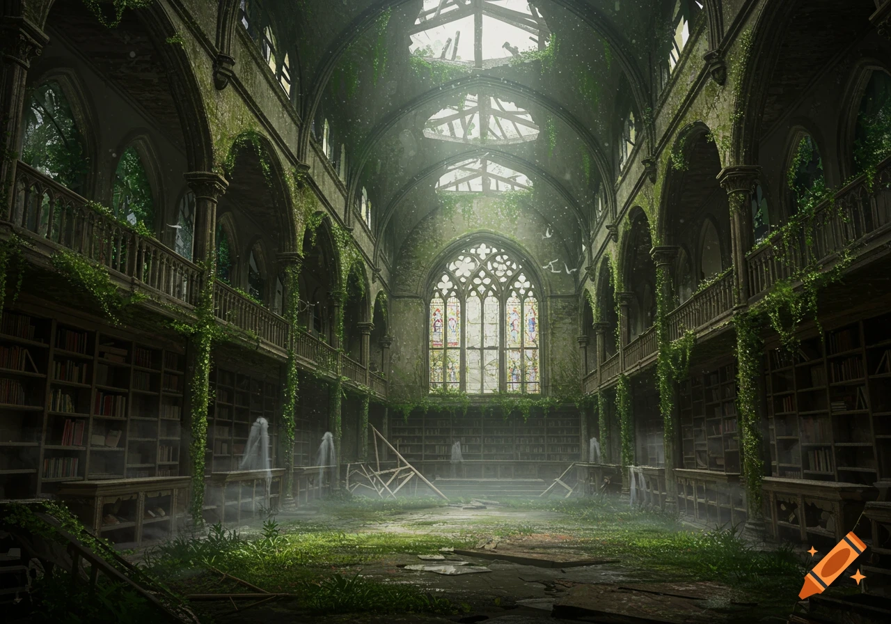 An overgrown neo-Gothic library with a collapsed roof, mist, and ethereal figures floating among bookshelves.