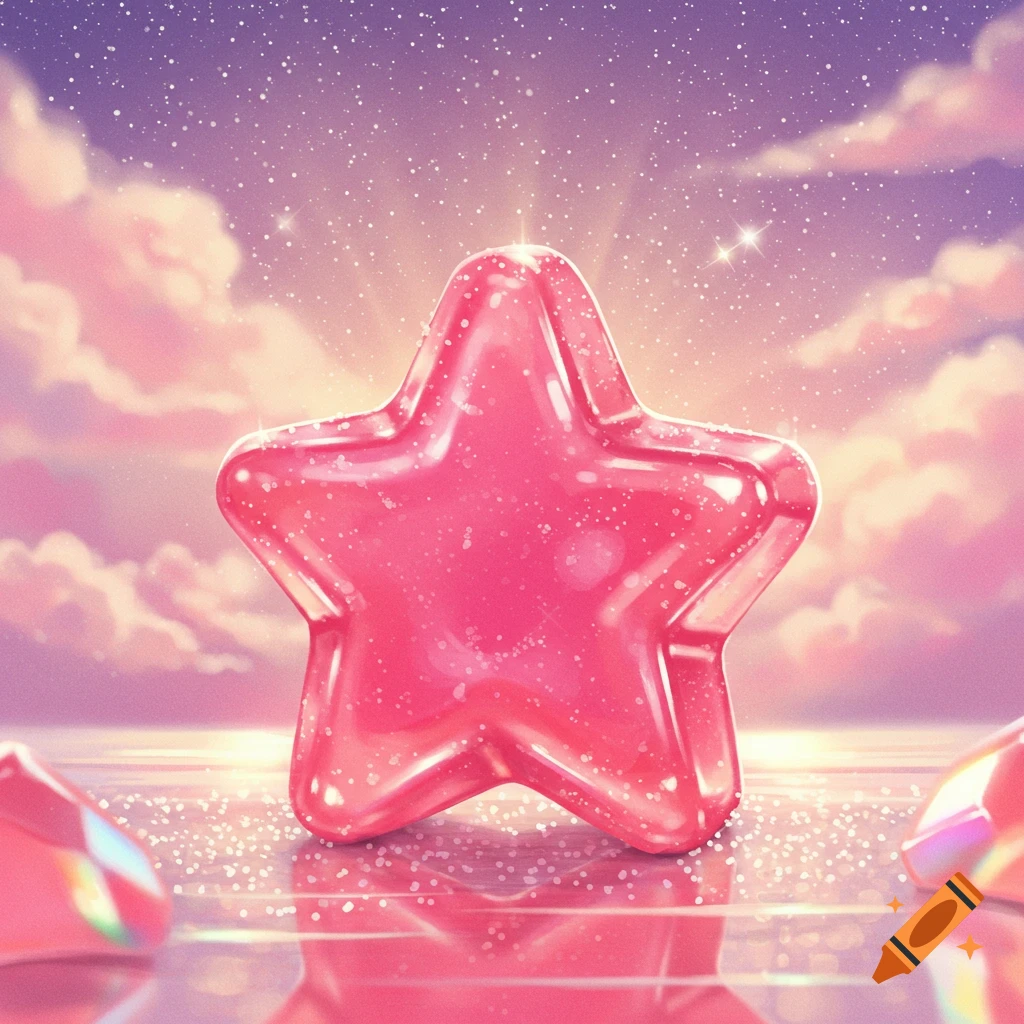 A shiny pink star-shaped gummy candy on a reflective surface with glitter, set against a dreamy pink and purple sky.